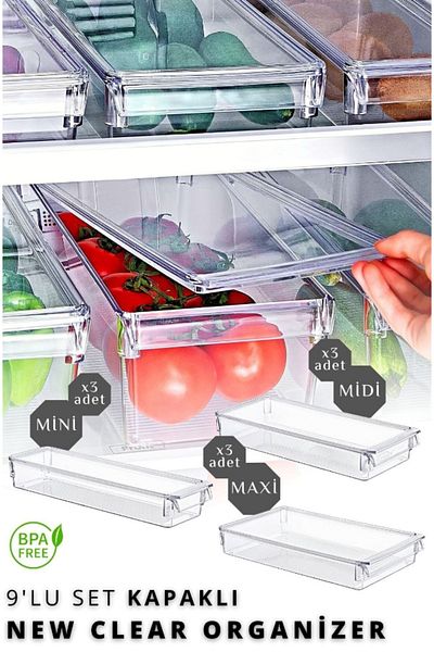 ELAVUS Set of 9 New Clear Refrigerator & Cabinet Organizer with Cover