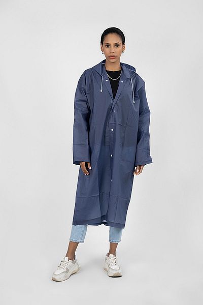 Polo55 Navy Blue Hooded Raincoat and Windbreaker with Snap Fasteners