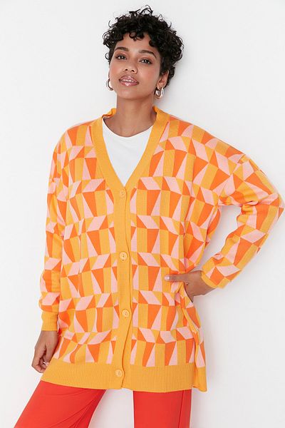 Trendyol Modest Orange Pink Geometric Patterned Button Detailed Knitwear Cardigan TCTAW23HI00032