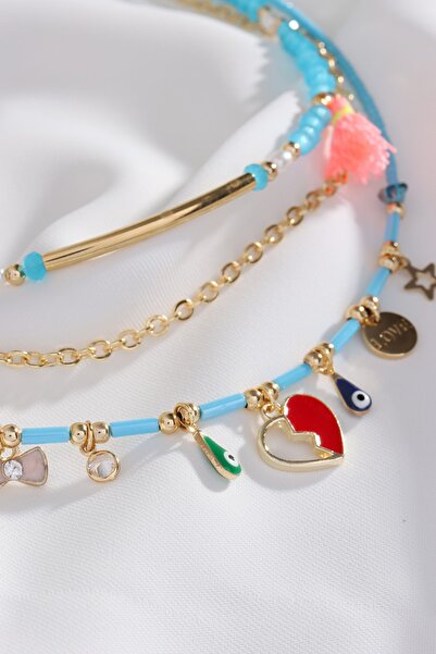 Süspüs Accessories 3-Piece Gold Chain Detailed Blue Bead Charm Necklace