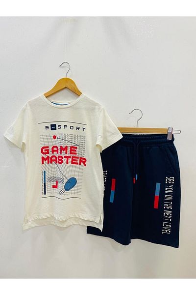 Çikoby Boy's White T-Shirt Navy Blue Shorts Set
