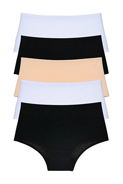 Imoda Kadın Siyah Beyaz Ten Rengi 5'li Paket Yüksek Bel Külot