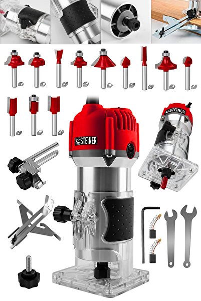 STEİNER Alman 3000 Watt 6 Kademe Devir Ayarlı Formika Traşlama Freze Makinesi 6 Mm Pens + 12 Adet Uç
