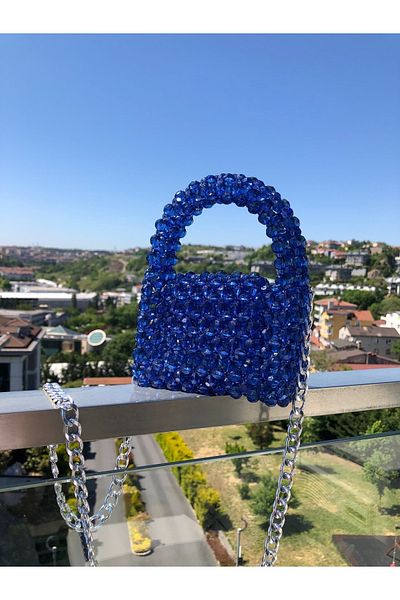SHEMSSTORE Μπλε Μίνι Βραδινό Φόρεμα Τσάντα Κρυστάλλινη Χάντρες Πλεκτό Γυναικείο Αξεσουάρ