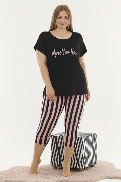 quilling Black Color and Striped Lady 10587 Women's Large Size Capri Pajama Set