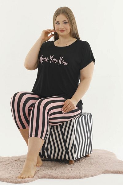 quilling Black Color and Striped Lady 10587 Women's Large Size Capri Pajama Set