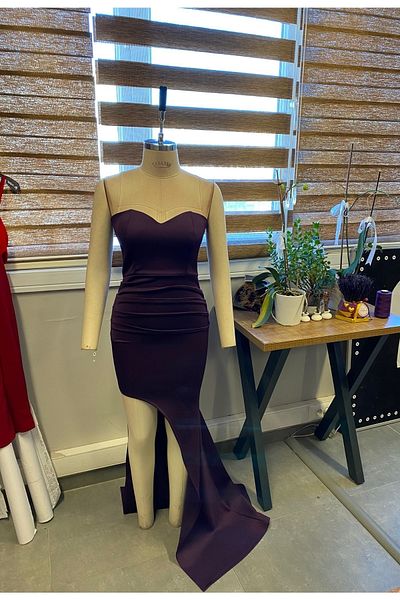 Secret Passion Lingerie Q Decolteu drept Detaliat la podea Sezon nou țesătură flexibilă cu fantă Rochie lungă 582184 696