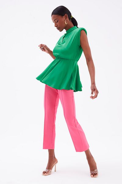 Sateen Satin Blouse with Flywheel Detail - Emerald