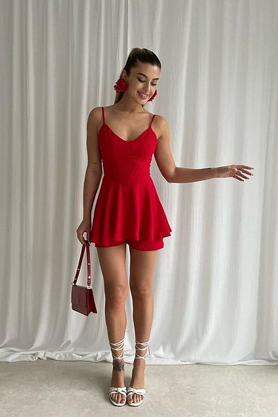 bayansepeti Aerobin Fabric Red Jumpsuit with Low-cut V-Neck Shorts 136
