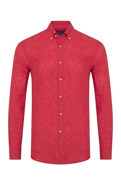 Germirli Nar Çiçeği Düğmeli Yaka Tailor Fit Delave Keten Gömlek