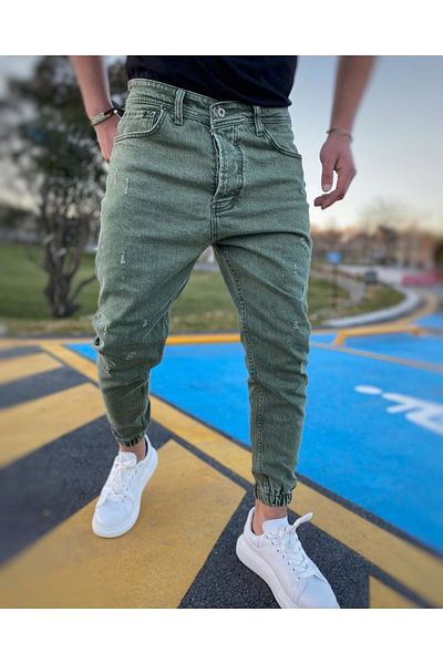 Oliggopol Ανδρικό τζιν Boyfriend Jogger με πράσινο ελαστικό πόδι