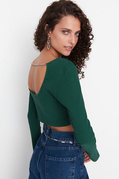 Trendyol Collection Emerald Green Backless Chain Crop Ribbed Knitted Blouse TWOAW23BZ00114