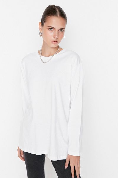 Trendyol Collection Tricou alb, 100% bumbac, tricot cu mânecă lungă, cu mânecă lungă, cu imprimeu la spate TWOAW23TS00037