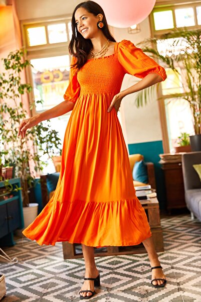 Olalook Γυναικείο πορτοκαλί γκλίτερ φόρεμα Bodrum με τετράγωνο γιακά ELB-19001557