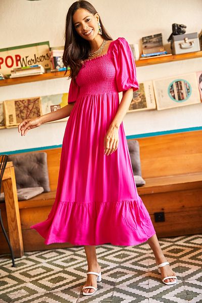 Olalook Damen-Bodrum-Kleid mit elastischem, quadratischem Kragen und Fuchsia-Top ELB-19001557