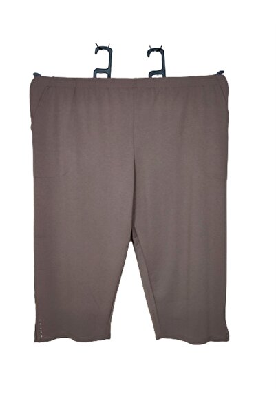 PAKER GİYİM Women's Mink Elastic Waist Double Pocket Slit Stone Detailed Comfortable Fit Large Size Combed Cotton Capri