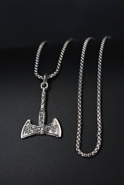 Dukkanka Parlak Eskitme Viking Işlemeli Balta Örme Zincir Kolye Gümüş Kaplama Klipsli Evet Tekli Gümüş Tüm Y