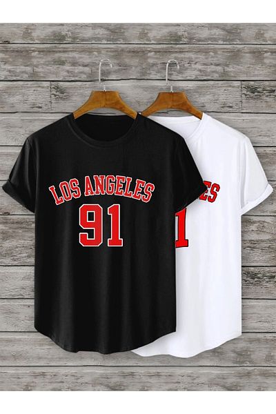 CANDEL Unisex Double Set Bottom Oval Slim Fit Los Angeles Print T-shirt