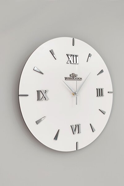 aSSe Tasarım Özel Dekoratif Roma Rakamlı Aynalı Duvar Saati Beyaz & Gümüş Sessiz Mekanizma 37x37cm