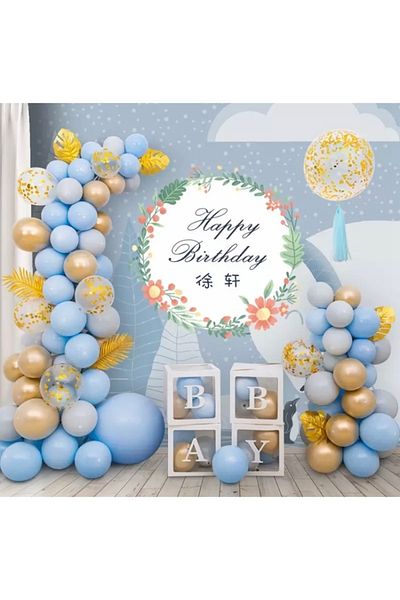 Deniz Party Store Macaron Blue Pastel Gray Chrome Gold Transparent Balloon Chain Set with Gold Confetti