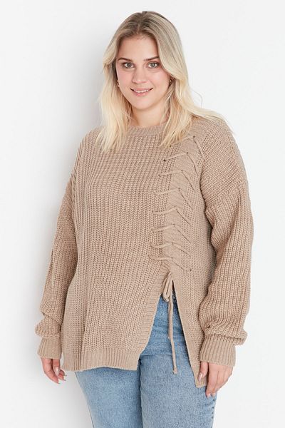 Trendyol Curve Beige Cross Lace Detailed Knitwear Sweater Tbbaw23An00052