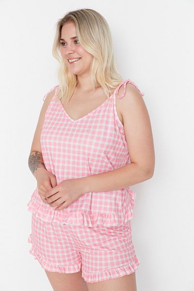 Trendyol Curve Pink Gingham Patterned Suspender Knitted Pajamas Set Tbbss22Ai00000