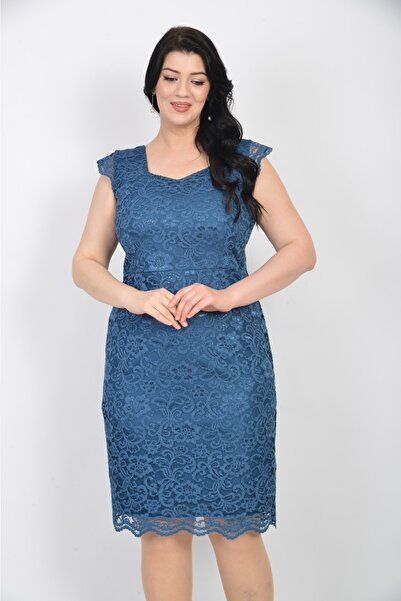Butik Miza Mavi Dantel Büyük Beden Elbise