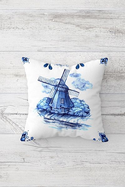 on the clouds Μπλε Windmill Μονόπλευρη εμπριμέ Μαξιλαροθήκη με κρυφό φερμουάρ Μαξιλαροθήκη για καναπέ