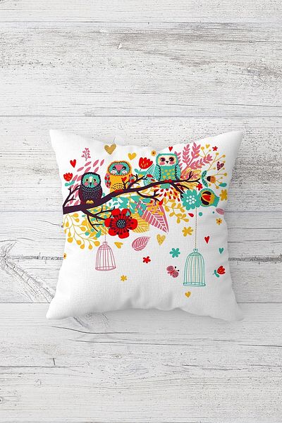 Pelangi Owls on a Floral Branch Double Side Print Hidden Zippered Pillowcase Throw Pillow Seat Pillowcase