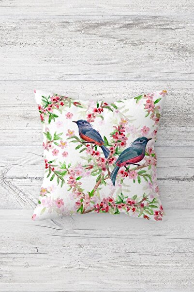 Pelangi غطاء وسادة بسحاب مخفي مزدوج الجوانب مع طيور على غصن الربيع الوردي