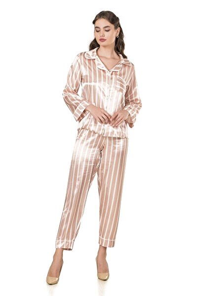 MOONGIRL Kadın Saten Ikili Çizgili Pijama Takım