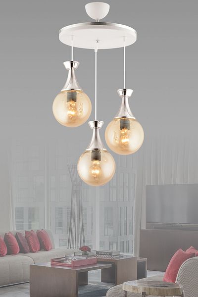 KUZEY AYDINLATMA Minel 3-Piece Tray White Chrome Glop Honey Glass Living Room Chandelier