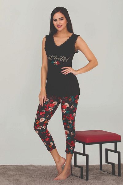 quilling Set de pijamale capri cu mâneci scurte pentru damă, cu imprimeu floral de culoare neagră, 12023;
