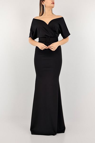 Secret Passion Lingerie Black Flexible Scuba Fabric Fish Cut Belted Evening Dress and Graduation Dress 686 582099