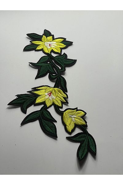 Gönülden Tasarım 32x12 Cm Yellow Rose Green Leaves Embroidered Applique Patch Sewing Guipure Embroidery