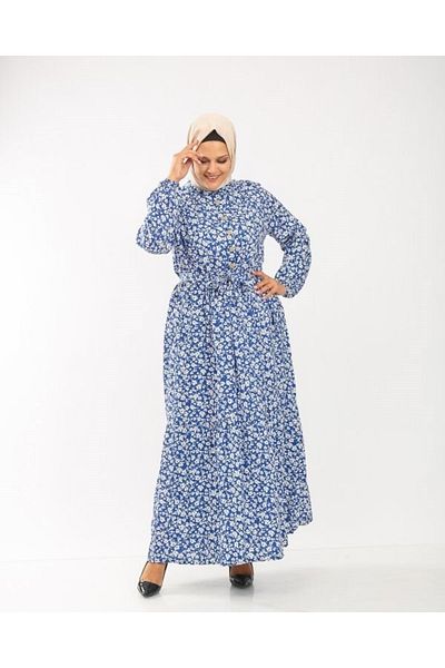 Modakenti Rochie cu nasturi din bumbac, viscoza, marimi mari, albastru, alb, floral