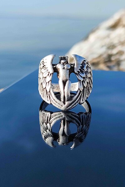 TREND COLLECTİON Antik Gümüş Kaplama Kanatlı Melek Ayarlanabilir Unisex Yüzük