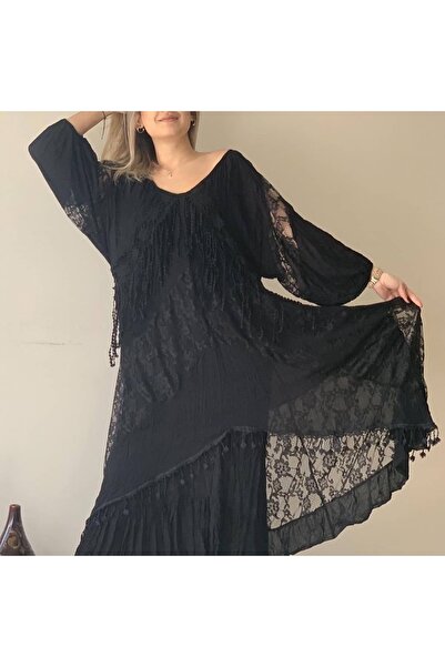 Sosyete Kaplumbağa فستان طويل أسود من القطن الفوال الأصلي مزين بالدانتيل وأكم...