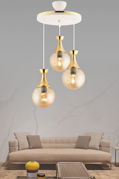 KUZEY AYDINLATMA Minel 3-Piece Tray White Gold Honey Glass Globe Glass Living Room Chandelier