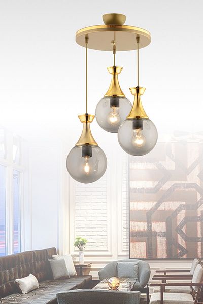 KUZEY AYDINLATMA Minel 3-Piece Tray Pendant Lamp Antique Gold Gilt Glop Glass Chandelier