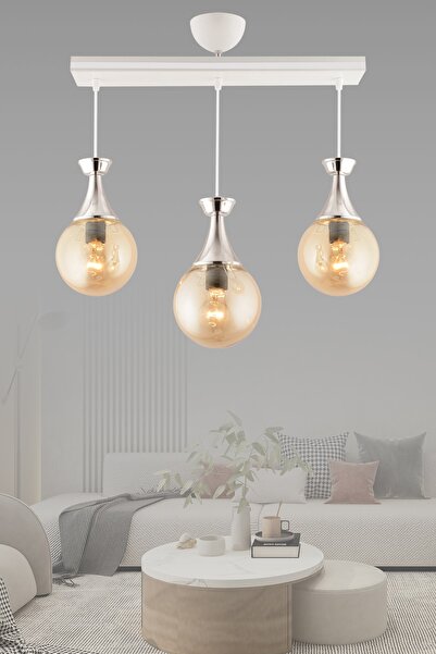KUZEY AYDINLATMA Minel 3lü Caka Beyaz Krom Yaldızlı Glop Cam Salon Avizesi