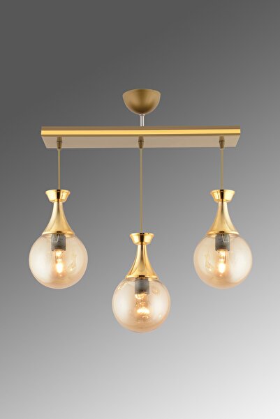 KUZEY AYDINLATMA Minel 3 Lü Caka Eskitmeye Gold Yaldızlı Glop Cam Avize