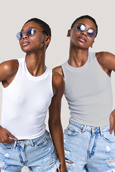 CATSPY Bluză de damă, gri, albă, cu gât, cu nervuri, 2 pachete