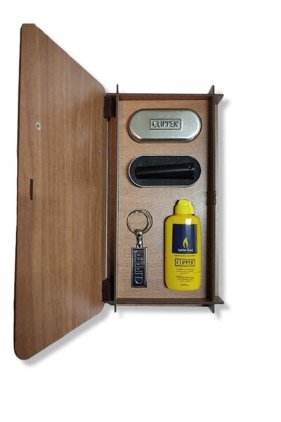 Clipper Çakmak Benzin Anahtarlık Ahşap Kutulu Set