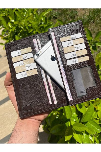 DERKON Genuine Leather Wallet with Magnetic Phone Compartment Brown