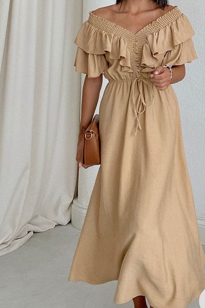 Suzi butik Γυναικείο φόρεμα καμηλό, λαστιχένιο γιακά, guiped και φουσκωτό