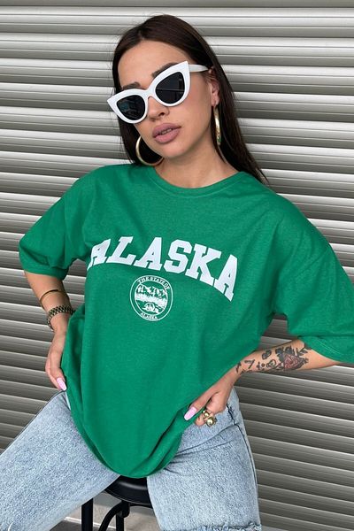 MODAGEN Tricou verde oversize cu imprimeu Alaska Text pentru damă