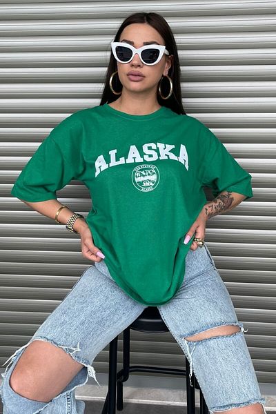 MODAGEN Tricou verde oversize cu imprimeu Alaska Text pentru damă