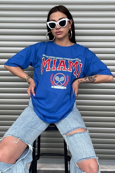 MODAGEN Дамска синя тениска с щампа Miami Oversize