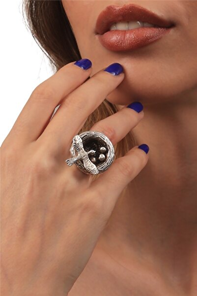 LABALABA Kadın Antik Gümüş Kaplama Ayarlanabilir Kuş Yuvası Formlu Yüzük